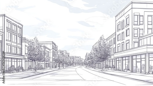 Sketch of a modern city street with buildings and trees.