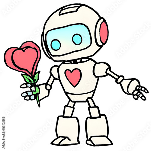 Robot in Love. valentine.  A cute robot holding a glowing heart or offering digital roses, blending technology with romance. 419 png.