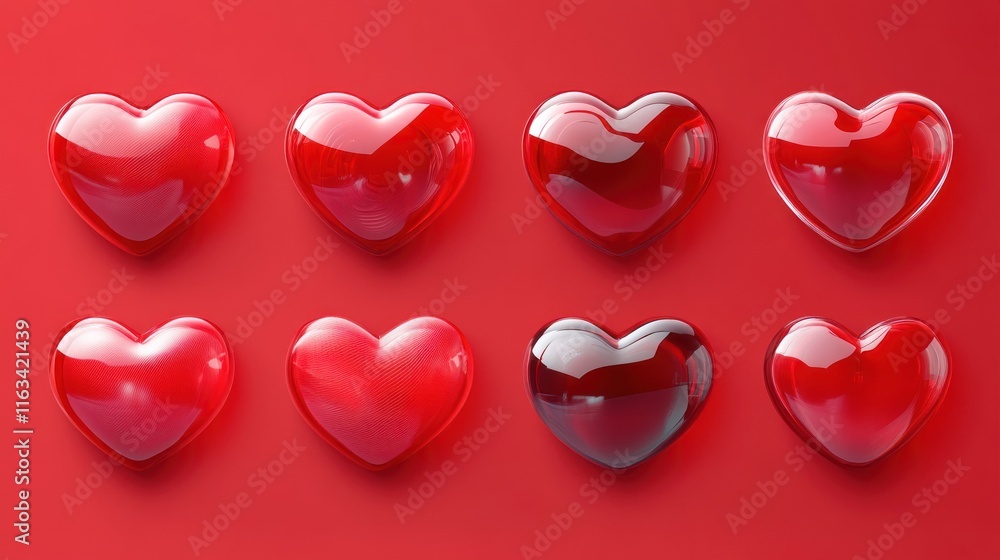 Fototapeta premium Eight glossy red hearts on red background.