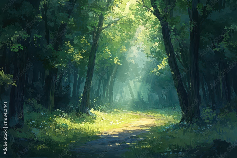Obraz premium Serene Sunlit Forest Pathway Surrounded by Lush Green Trees and Soft Sun Rays Filtering Through the Foliage in a Peaceful Natural Setting