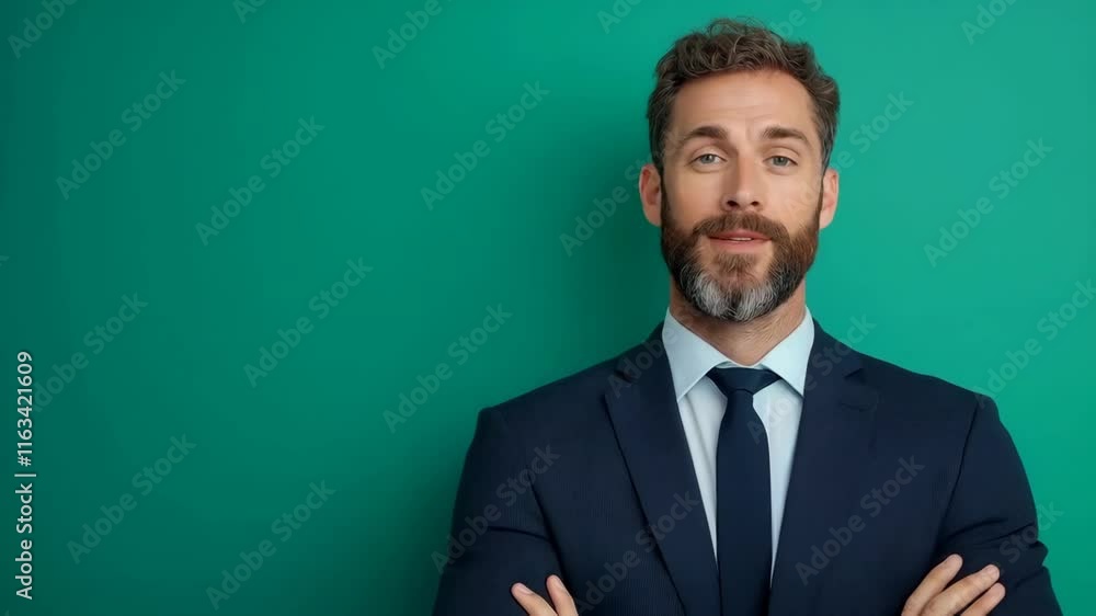 Man in suit with green background. Studio shot with copy space. Business concept. For website, presentation, backgrounds. Corporate style. Man in suit with green background. Studio shot with copy space. Business concept. For website, presentation, backgrounds. Corporate style.