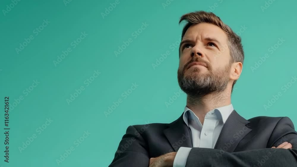 Man in suit with arms crossed looking up. Studio shot, turquoise background. Design concept, place for text. For website, presentation, advertising. Man in suit with arms crossed looking up. Studio shot, turquoise background. Design concept, place for text. For website, presentation, advertising.