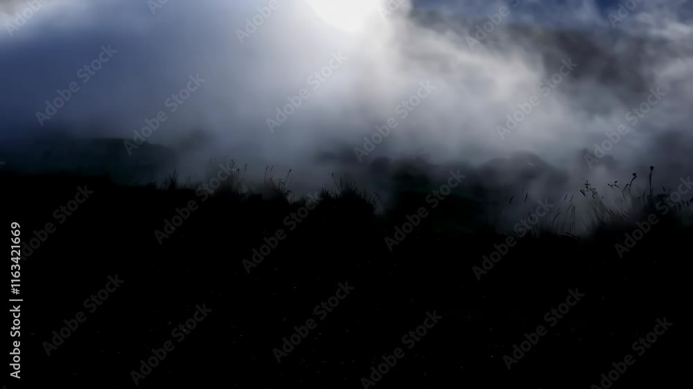 Fog clouds over dark field. Natural moody background. Abstract weather backdrop for design. Outdoor shot. Fog clouds over dark field. Natural moody background. Abstract weather backdrop for design. Outdoor shot.