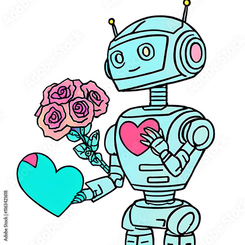Robot in Love. valentine.  A cute robot holding a glowing heart or offering digital roses, blending technology with romance. 419 png.
