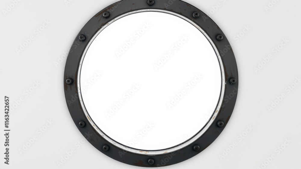 Rustic Dark Metal Framed Circular Mirror with White Interior and Visible Fasteners on a Light Wall Rustic Dark Metal Framed Circular Mirror with White Interior and Visible Fasteners on a Light Wall