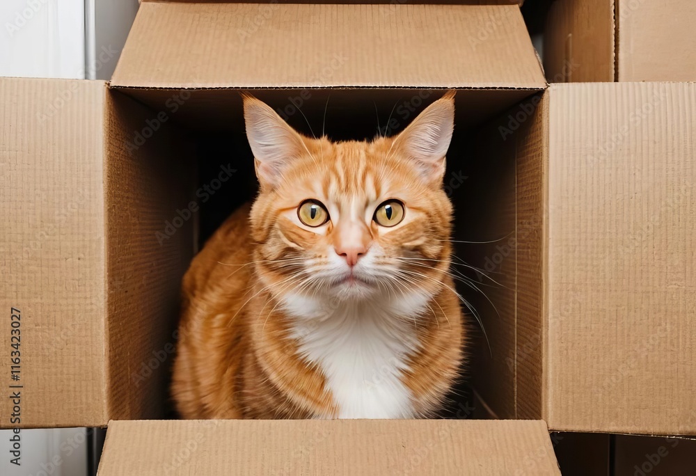 Fototapeta premium A fluffy cat sitting inside a cardboard box on a carpeted floor at home