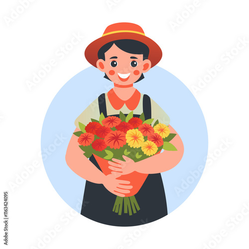 A flat illustration of a character holding bouquet 