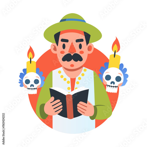 A flat illustration of a gothic man reading a book 