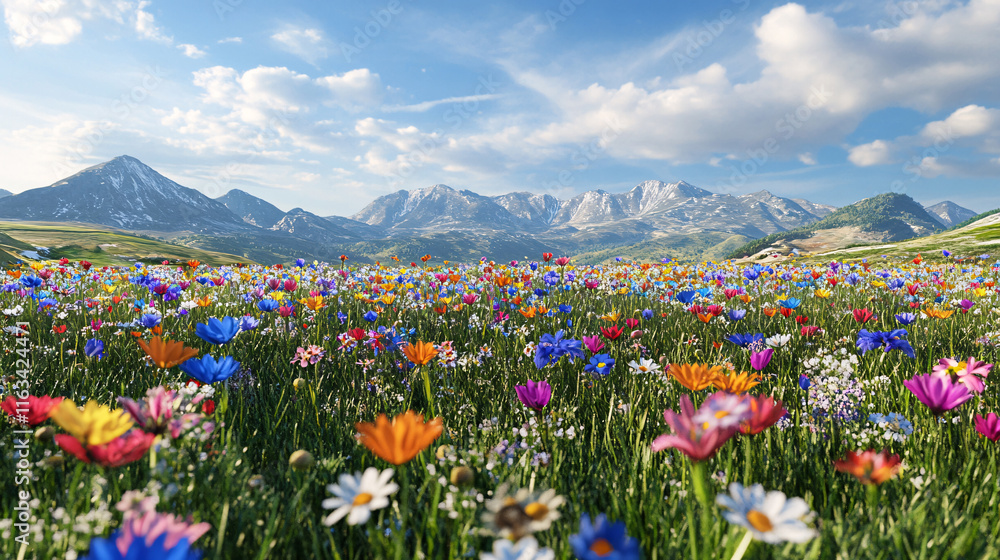 Obraz premium A beautiful, sun-drenched spring summer meadow. Natural colorful panoramic landscape with many wild flowers of daisies against blue sky. A frame with soft selective focus. 