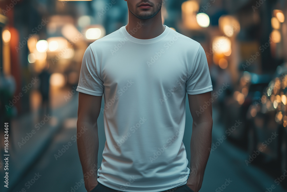 A man is standing in the street wearing a white shirt A man is standing in the street wearing a white shirt