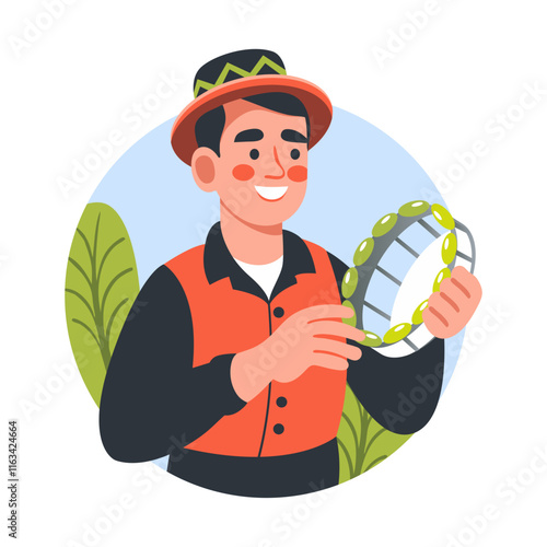 A flat illustration of a character playing samba tambourine 