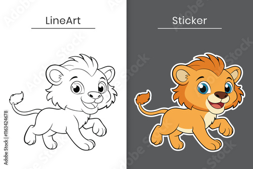 Cute cartoon baby lion vector outline and sticker flat illustration