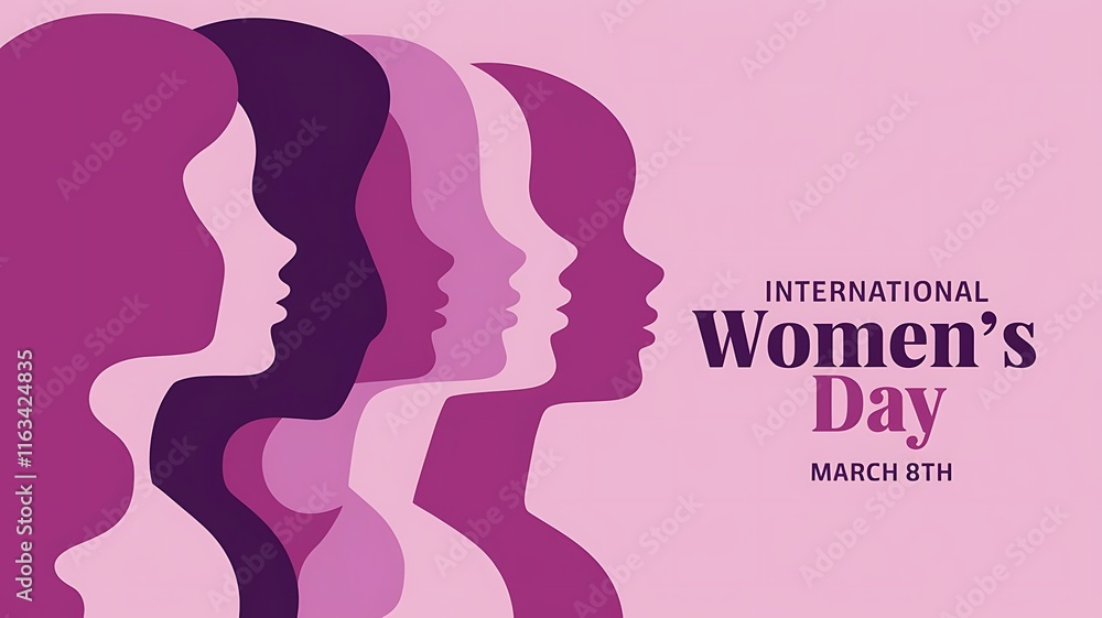 International women's day with silhouettes of women's profiles in various shades on pink background. emphasizing the celebration of women's contributions and rights
