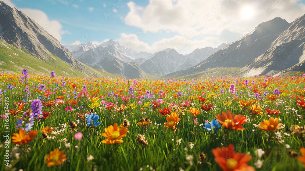 Fototapeta premium A beautiful, sun-drenched spring summer meadow. Natural colorful panoramic landscape with many wild flowers of daisies against blue sky. A frame with soft selective focus. 