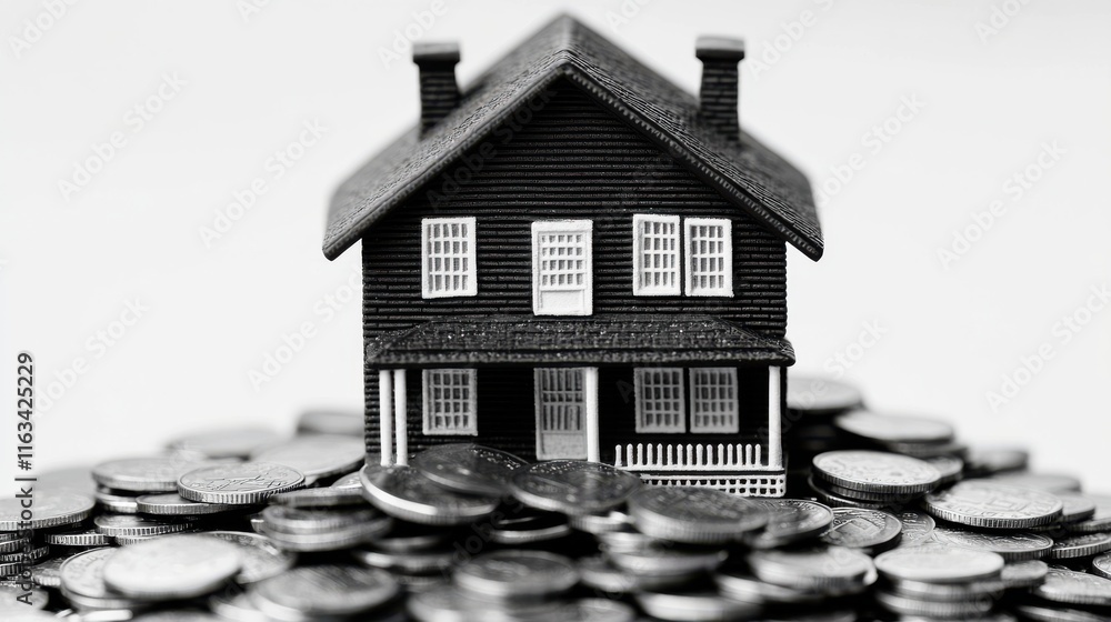 Miniature House Surrounded by Stacks of Coins Symbolizing Real Estate Investment and Financial Growth in a Black and White Conceptual Image Miniature House Surrounded by Stacks of Coins Symbolizing Real Estate Investment and Financial Growth in a Black and White Conceptual Image
