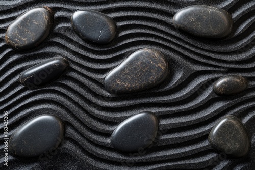 Dark Stones Arranged On Wavy Black Sand photo