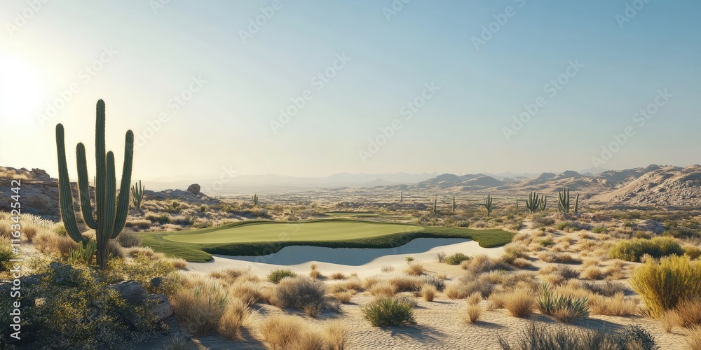 Obraz premium Desert Golf Course Landscape With Cacti And Sand
