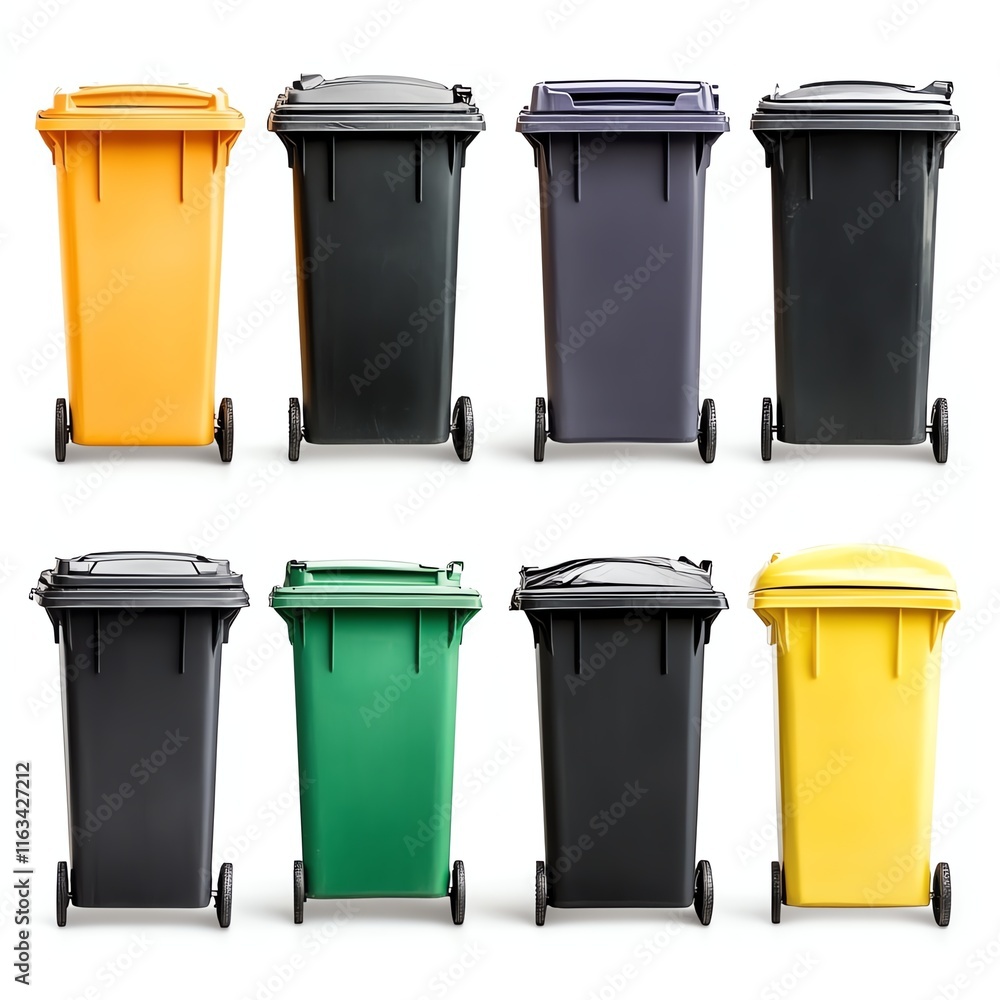Colorful wheelie bins in a row on a white isolated background. Colorful wheelie bins in a row on a white isolated background.