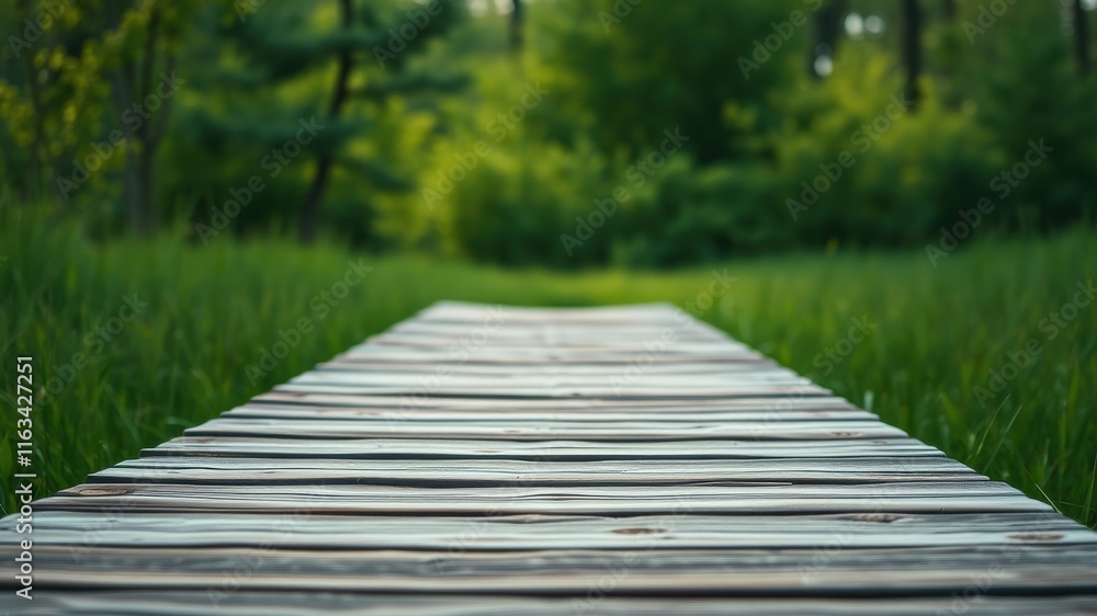 Fototapeta premium Wooden walkway leading into a verdant natural landscape