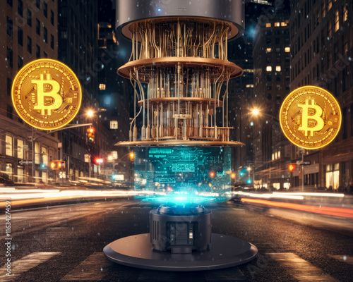 bitcoin and quantum computer in street city background. raise and fall bitcoin photo