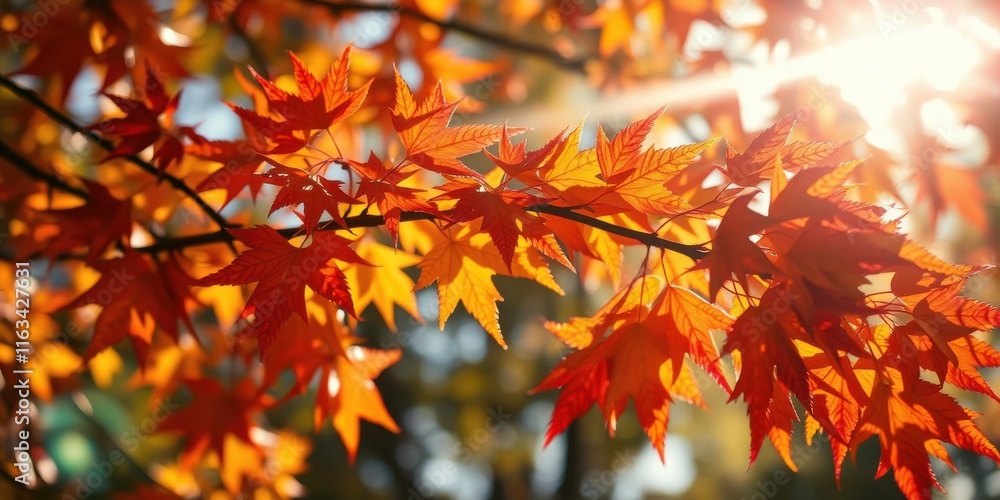 Autumnal foliage bathed in sunlight, vibrant red and orange leaves on a branch, picturesque fall scene Autumnal foliage bathed in sunlight, vibrant red and orange leaves on a branch, picturesque fall scene
