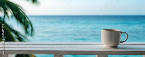 Wallpaper Mural Getaway vacation concept. A serene morning view with a coffee cup on a balcony overlooking the ocean. Torontodigital.ca