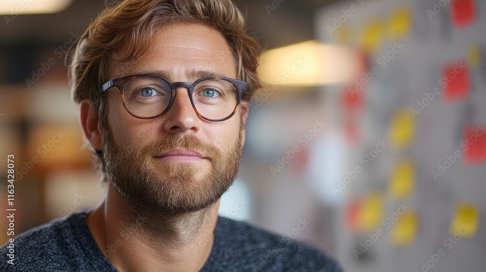 Recent hire reviewing company innovation challenge details, brainstorming visible Recent hire reviewing company innovation challenge details, brainstorming visible