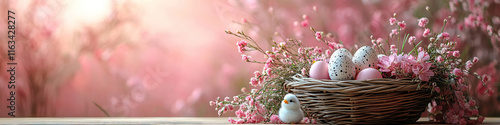 Banner Easter basket with spring flowers, easter eggs, and a little Easter chick on a light pink background in spring morning light.