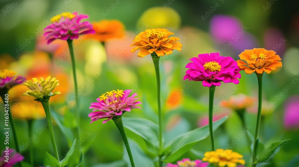 Obraz premium Vibrant Zinnia Blooms in a Lush Garden