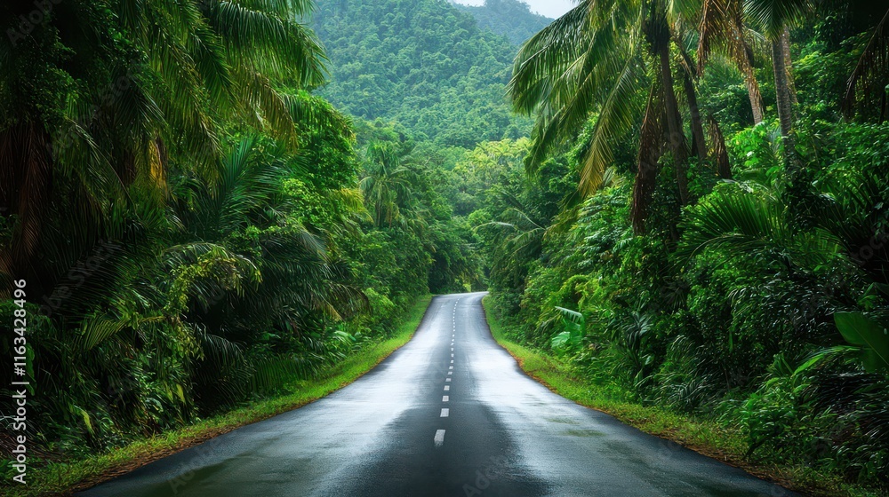Tropical Road Through Lush Green Palm Trees Tropical Road Through Lush Green Palm Trees