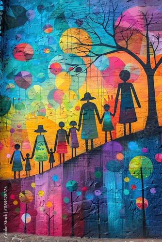 A vibrant mural showcases a family of various sizes walking hand in hand. The background features multicolored circles and abstract designs, creating a joyful atmosphere photo