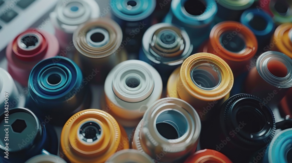Colorful plastic spools arranged in a close-up overhead shot. Colorful plastic spools arranged in a close-up overhead shot.