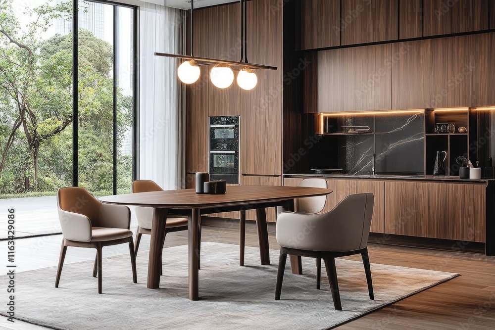 Modern Dining Room With Wooden Table And Chairs Modern Dining Room With Wooden Table And Chairs