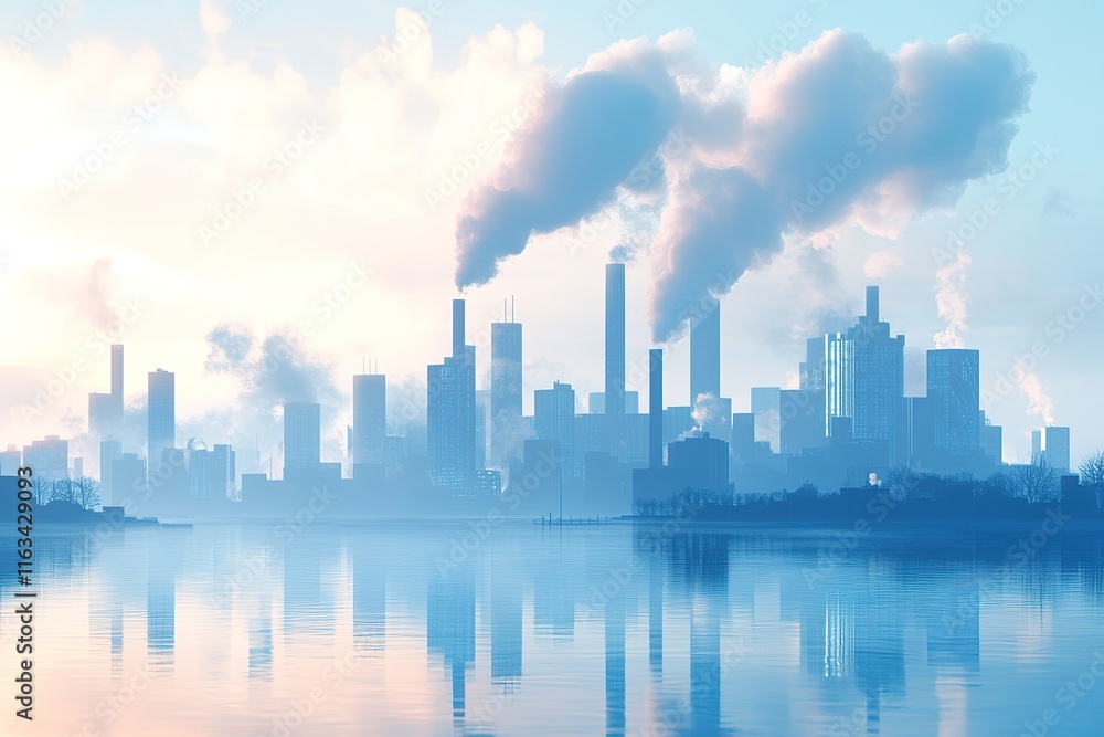 Naklejka premium Industrial City Skyline Reflected in Calm Water