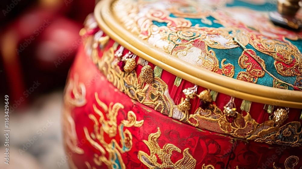A Decorated Chinese Drum with Vibrant Red and Gold Accents A Decorated Chinese Drum with Vibrant Red and Gold Accents