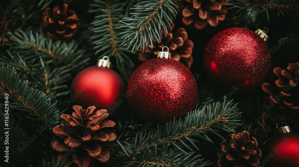 Top view of red christmas ornaments with festive holiday decorations arranged on a white background.
Top view of red christmas ornaments with festive holiday decorations arranged on a white background.
