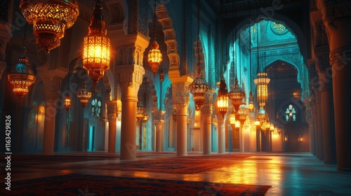 Grand mosque interior with ornate lanterns and intricate decor photo