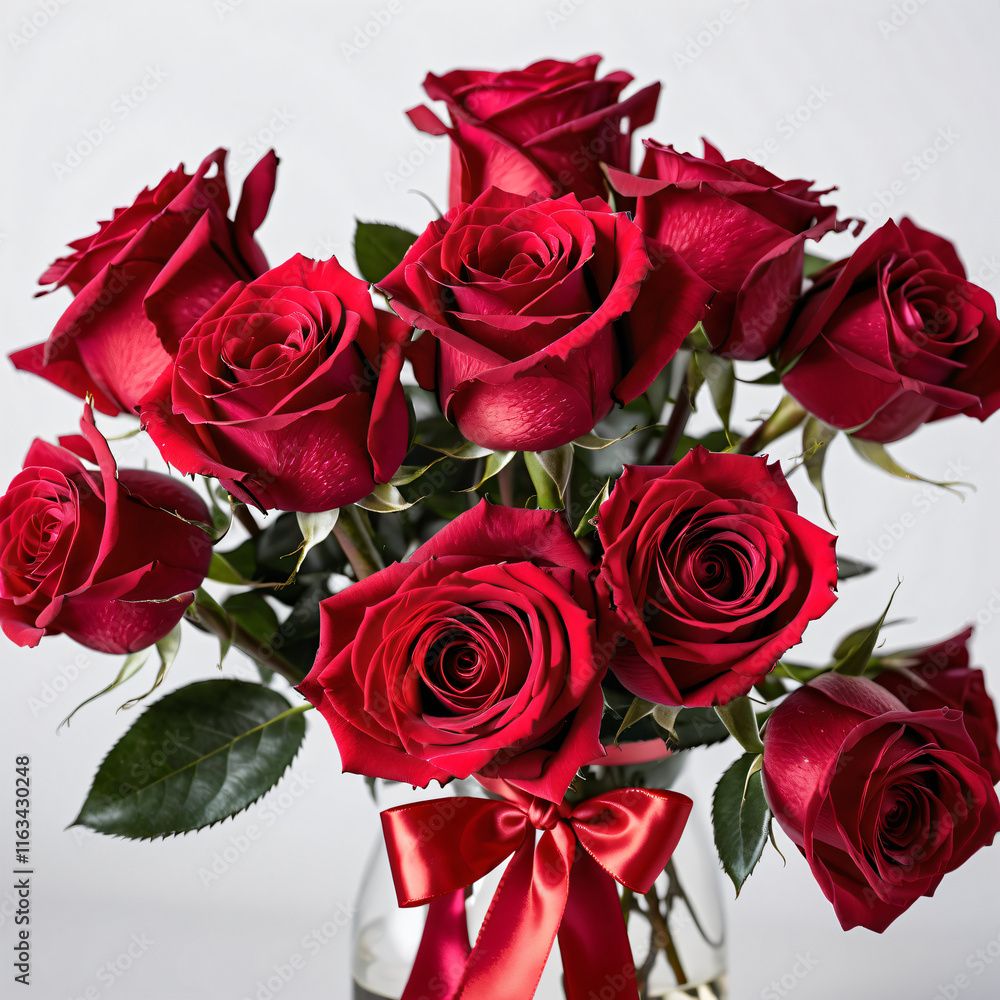 Fototapeta premium Red Roses Bouquet with Dewdrops and Fresh Green Leaves for Romantic Gift