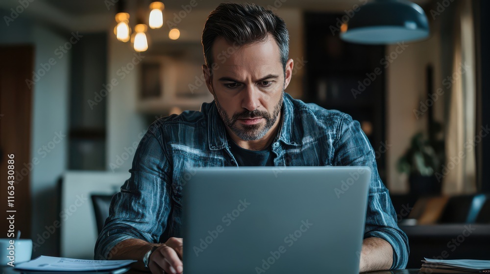 Focused Man Working on Laptop in Modern Home Office Focused Man Working on Laptop in Modern Home Office