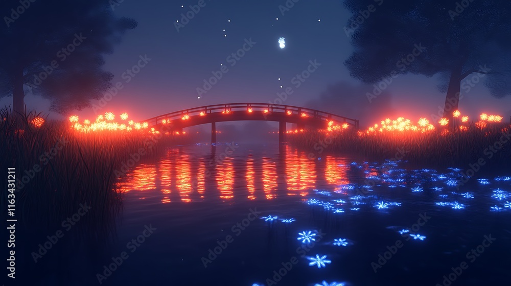 Serene Nightscape Bridge Glowing Flowers Water Reflection Serene Nightscape Bridge Glowing Flowers Water Reflection