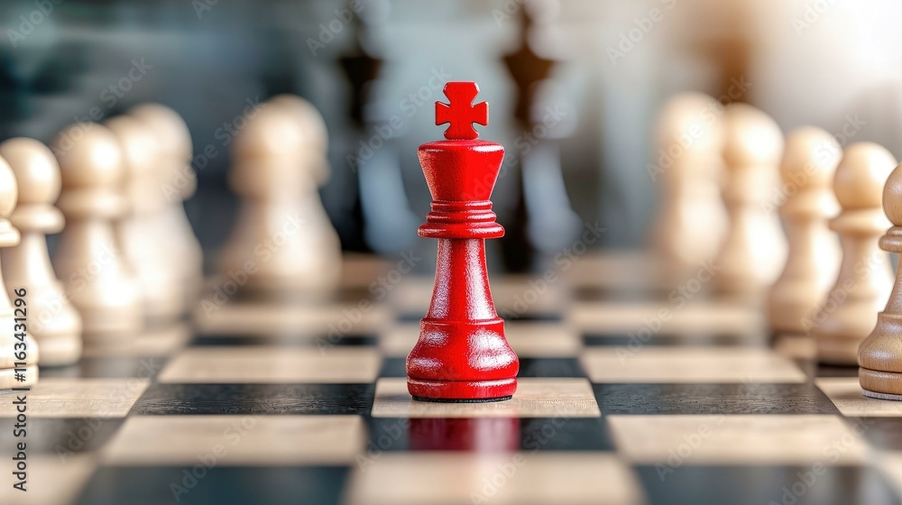 Close-up of a red king chess piece at the center of a chessboard, surrounded by white pieces, symbolizing strategy, competition, and the art of chess masterfully captured in this vibrant image. Close-up of a red king chess piece at the center of a chessboard, surrounded by white pieces, symbolizing strategy, competition, and the art of chess masterfully captured in this vibrant image.