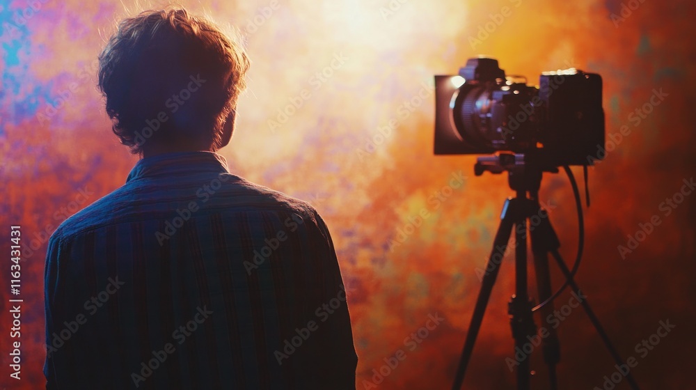 Fototapeta premium Person filming video against colorful background.