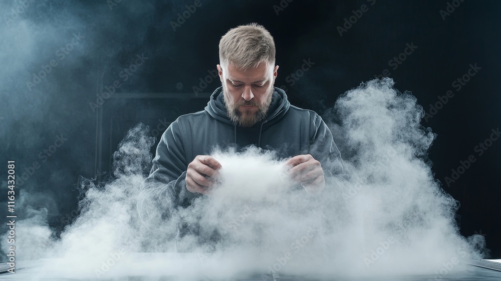 Obraz premium A man is standing in a cloud of smoke, holding a book