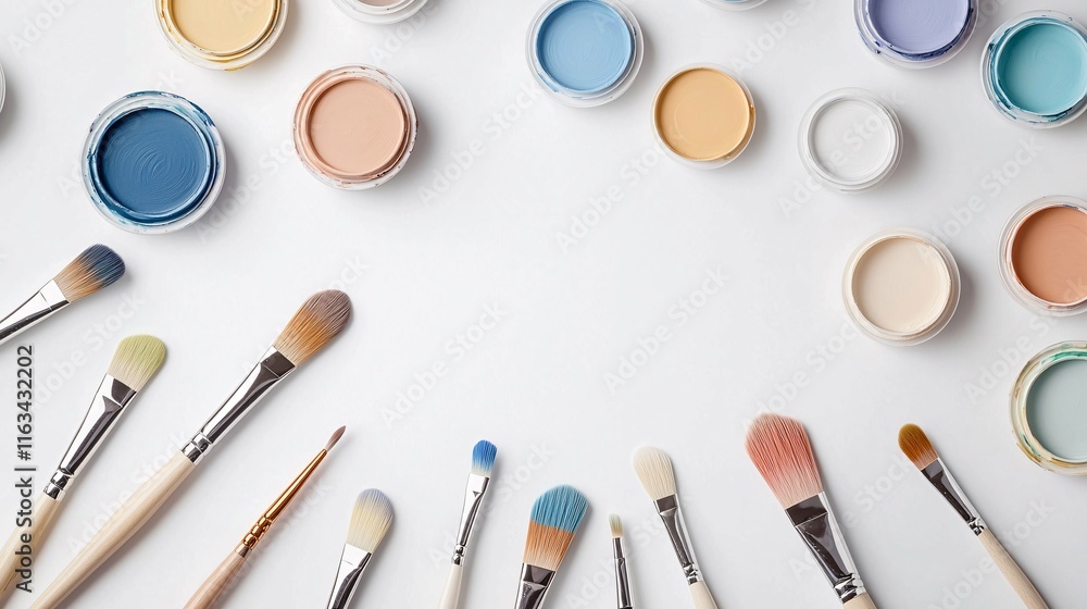 An artist's palette with brushes and vibrant paint colors arranged creatively against a clean white background inspires innovation and creativity. An artist's palette with brushes and vibrant paint colors arranged creatively against a clean white background inspires innovation and creativity.