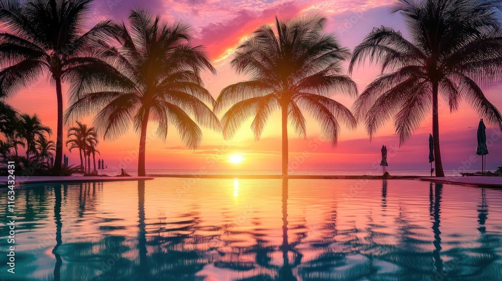 Silhouettes of Palm Trees at Sunset Over a Tranquil Pool Silhouettes of Palm Trees at Sunset Over a Tranquil Pool