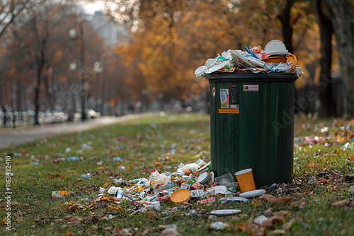 Overflowing trash bin in a city park surrounded by autumn leaves and litter scattered on the ground