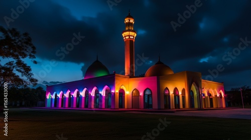 Illuminated mosque at dusk with vibrant lights and dramatic sky photo