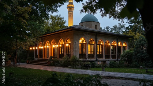 Illuminated mosque at dusk with tower and lush greenery photo