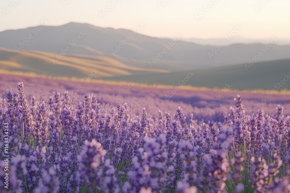 Fototapeta premium Vibrant Lavender Field Under Sunset with Rolling Hills in the Background, Capturing Nature's Beauty and Serenity in a Peaceful Landscape
