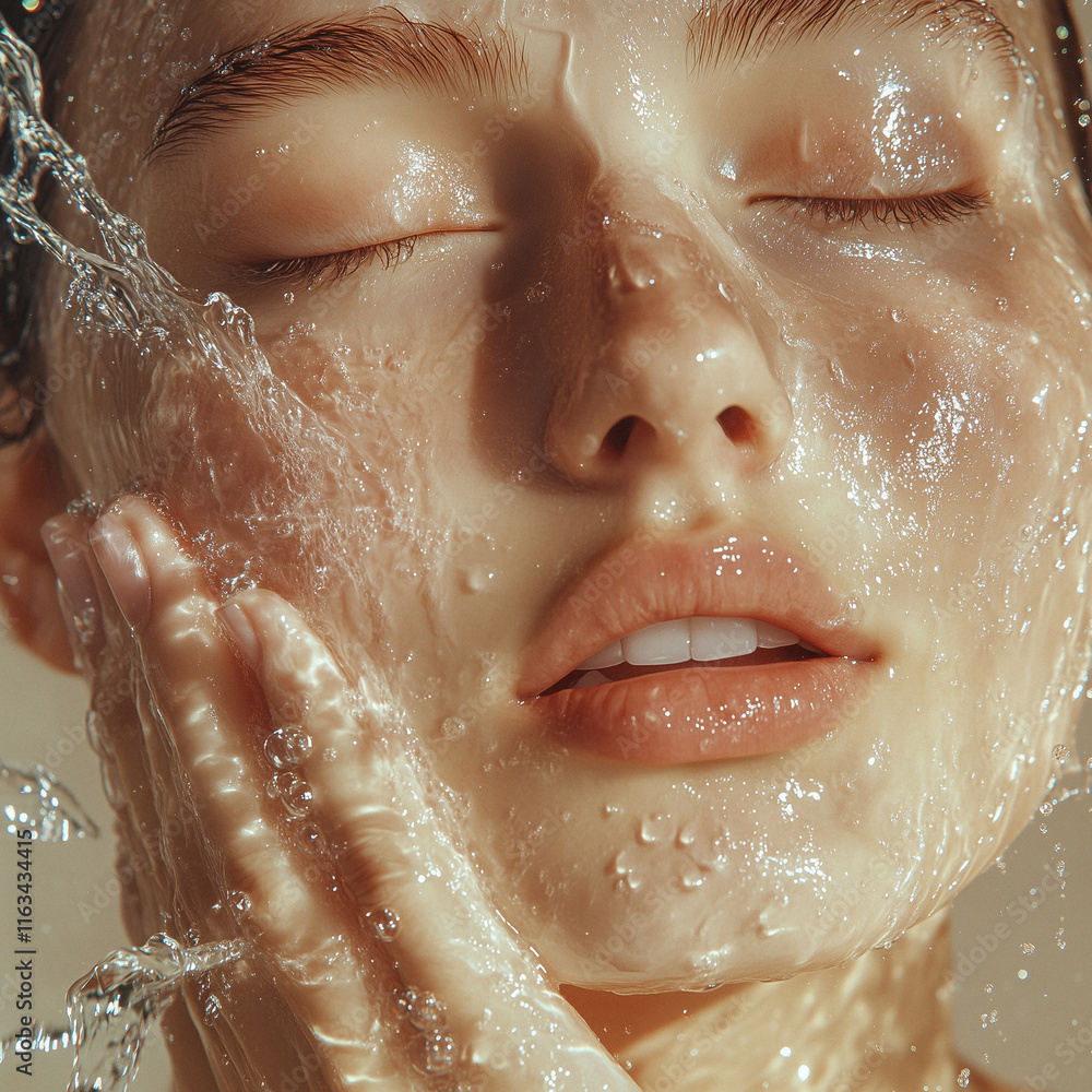 Cosmetic beauty portrait with foam cleanser and water splash for skincare. Cosmetic beauty portrait with foam cleanser and water splash for skincare.